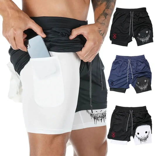 Mens 3 in 1 Workout Shorts - Quick Dry with Phone & Towel Holder