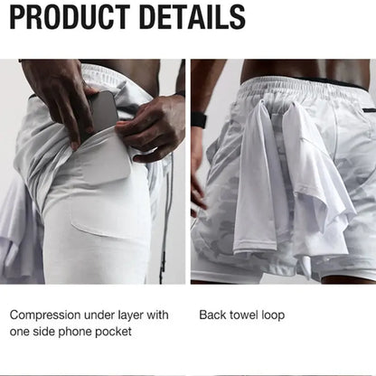 Mens 3 in 1 Workout Shorts - Quick Dry with Phone & Towel Holder